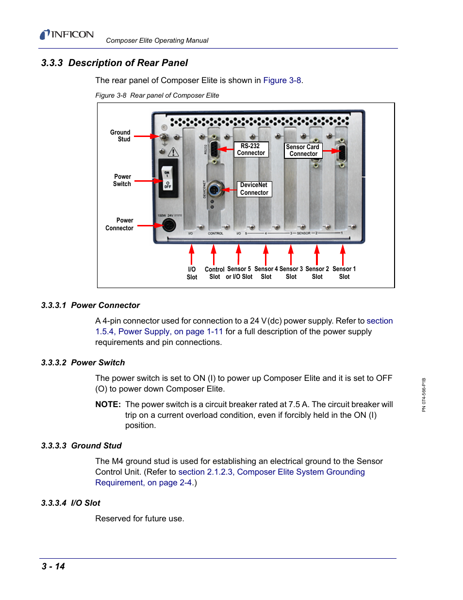 3 description of rear panel, 1 power connector, 2 power switch | 3 ground stud, 4 i/o slot, Make, In the on (i) position (see | INFICON Composer Elite Gas Concentration Monitor User Manual | Page 54 / 152