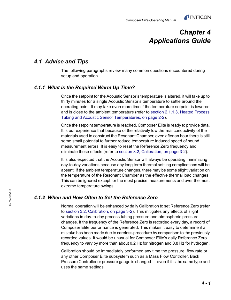 Chapter 4 applications guide, 1 advice and tips, 1 what is the required warm up time | 2 when and how often to set the reference zero, Chapter 4, G (see | INFICON Composer Elite Gas Concentration Monitor User Manual | Page 57 / 152