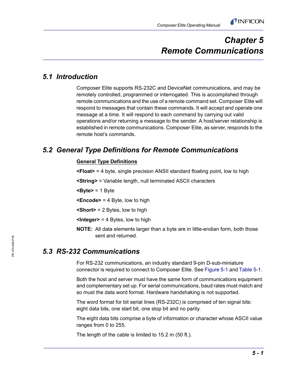 Chapter 5 remote communications, 1 introduction, 3 rs-232 communications | Chapter 5, Chapter 5, remote, Communications | INFICON Composer Elite Gas Concentration Monitor User Manual | Page 67 / 152
