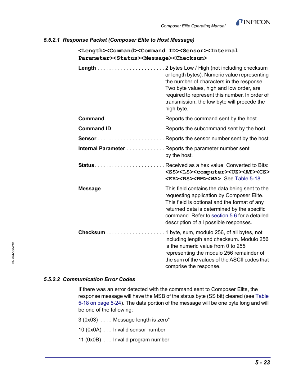 1 response packet (composer elite to host message), 2 communication error codes, Ed by a checksum. see | Section 5.5.2.1, Section 5.5.2.2, In the | INFICON Composer Elite Gas Concentration Monitor User Manual | Page 89 / 152