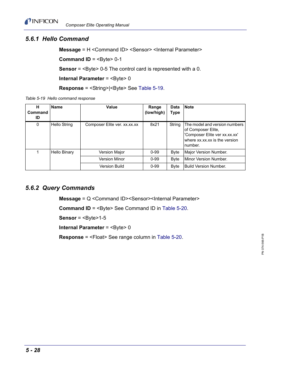 1 hello command, 2 query commands, Section 5.6.1 | INFICON Composer Elite Gas Concentration Monitor User Manual | Page 94 / 152