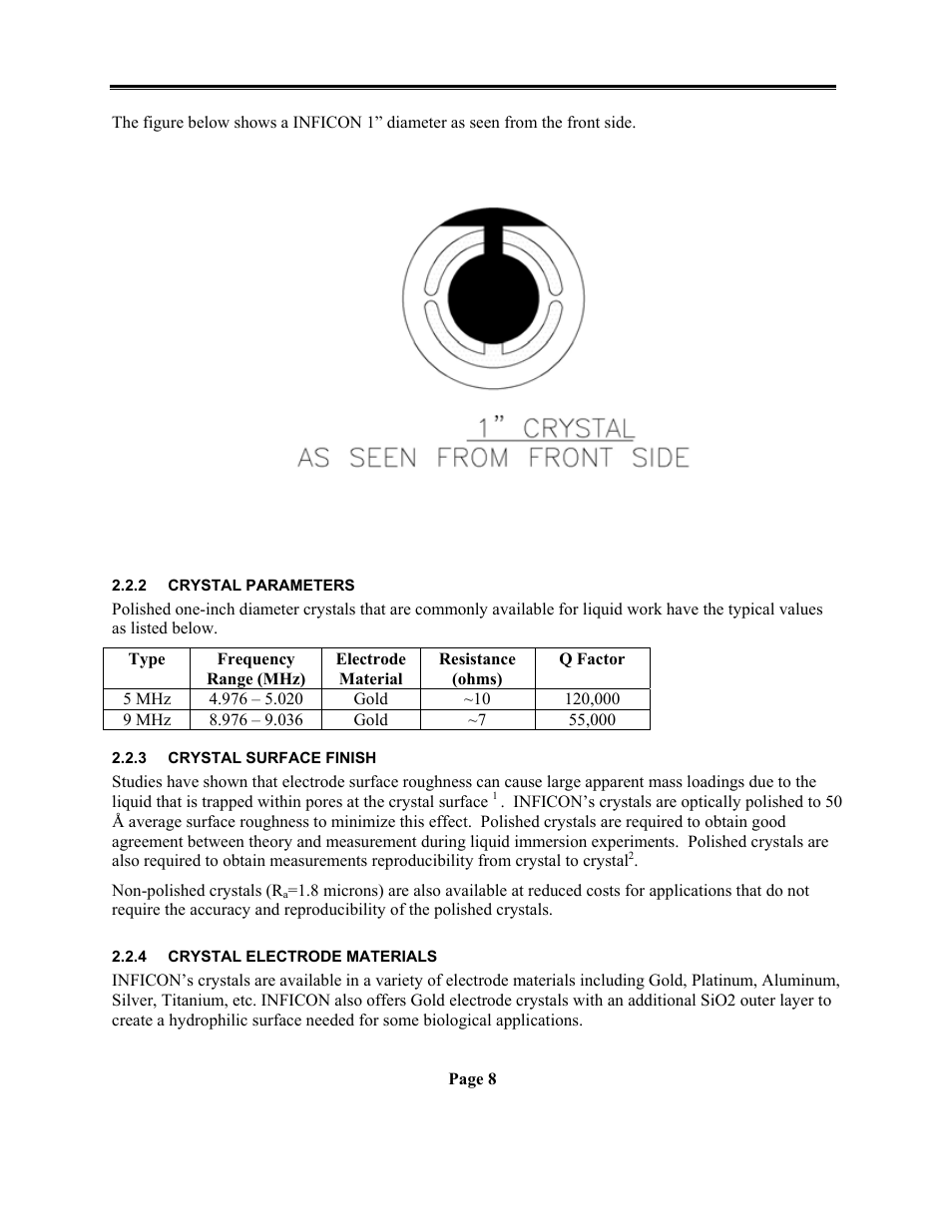 Crystal parameters, Crystal surface finish, Crystal electrode materials | 2 crystal, Parameters, Chc-15 crystal holder & gc-15 glass cell | INFICON CHC-15 Crystal Holders GC-15 Glass Cell User Manual | Page 16 / 17