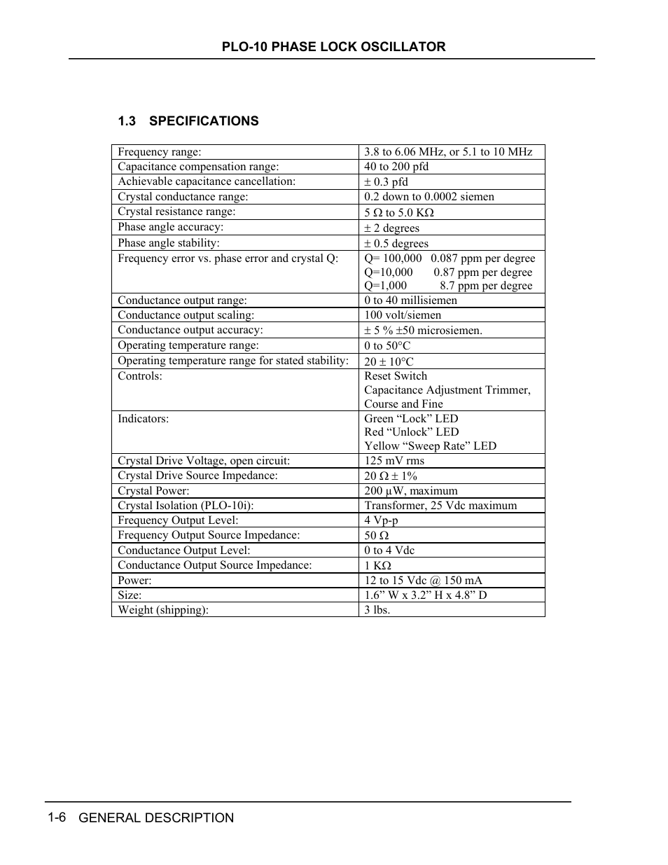 Specifications, Specifications -6 | INFICON PLO-10i Phase Lock Oscillator User Manual | Page 16 / 74