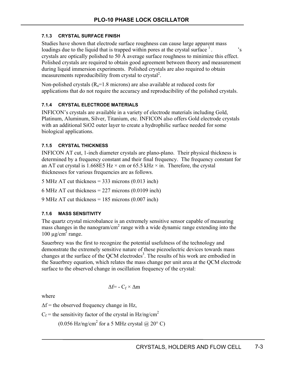 Crystal surface finish, Crystal electrode materials, Crystal thickness | Mass sensitivity, Crystal surface finish -3, Crystal electrode materials -3, Crystal thickness -3, Mass sensitivity -3 | INFICON PLO-10i Phase Lock Oscillator User Manual | Page 37 / 74