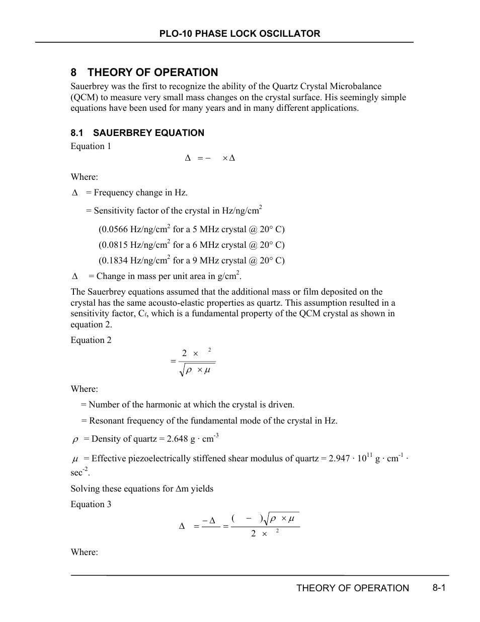 Theory of operation, Sauerbrey equation, Theory of operation -1 | Sauerbrey, Equation -1, 8 theory of operation | INFICON PLO-10i Phase Lock Oscillator User Manual | Page 49 / 74