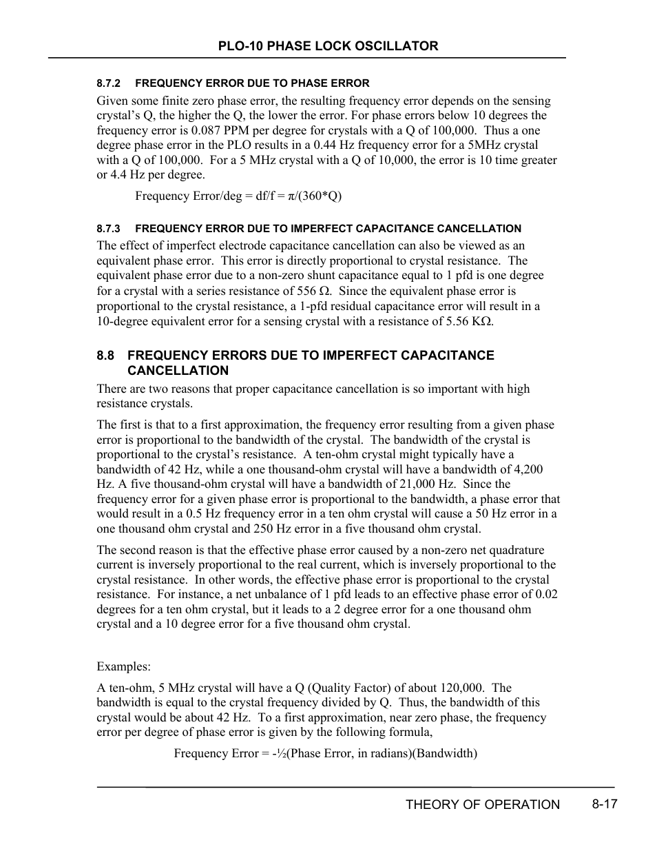 Frequency error due to phase error, Frequency error due to phase error -17, Frequency | Errors, Imperfect, Capacitance, Cancellation -17 | INFICON PLO-10i Phase Lock Oscillator User Manual | Page 65 / 74