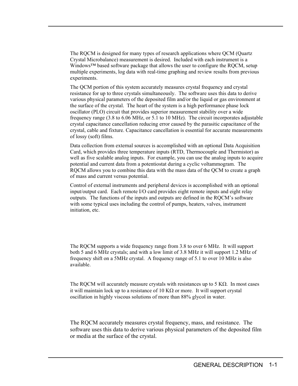 General description, Features, Very wide frequency range | Support for very low q, highly damped, crystals, General description -1, Features -1, Very wide frequency range -1, Support for very low q, highly damped, crystals -1, Resistance -1, 1 general description | INFICON RQCM - Quartz Crystal Microbalance Research System User Manual | Page 15 / 102