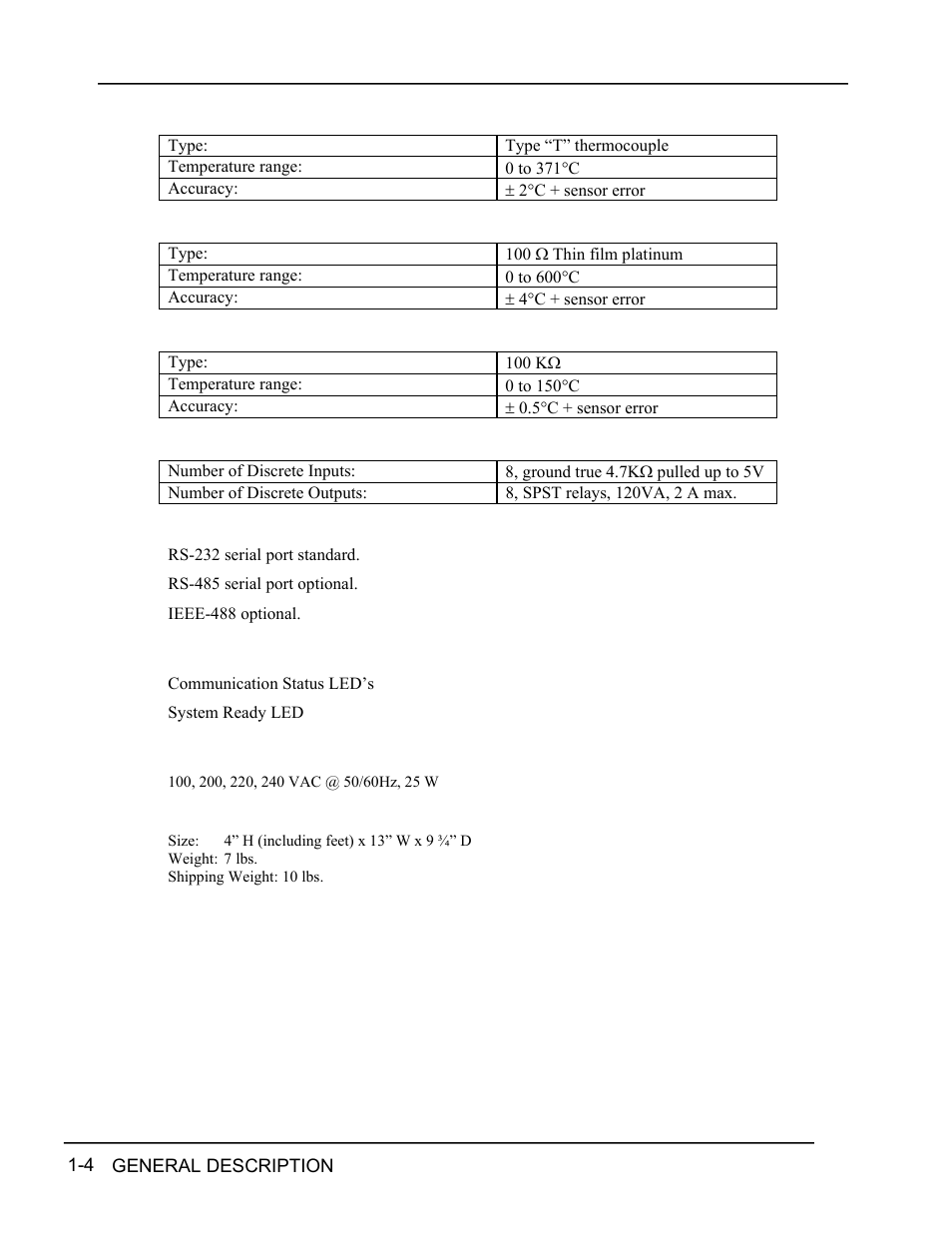 Thermocouple input, Rtd input, Thermistor input | I/o card (optional), Communications, Front panel indicators, Power requirements, Physical, Thermocouple input -4, Rtd input -4 | INFICON RQCM - Quartz Crystal Microbalance Research System User Manual | Page 18 / 102