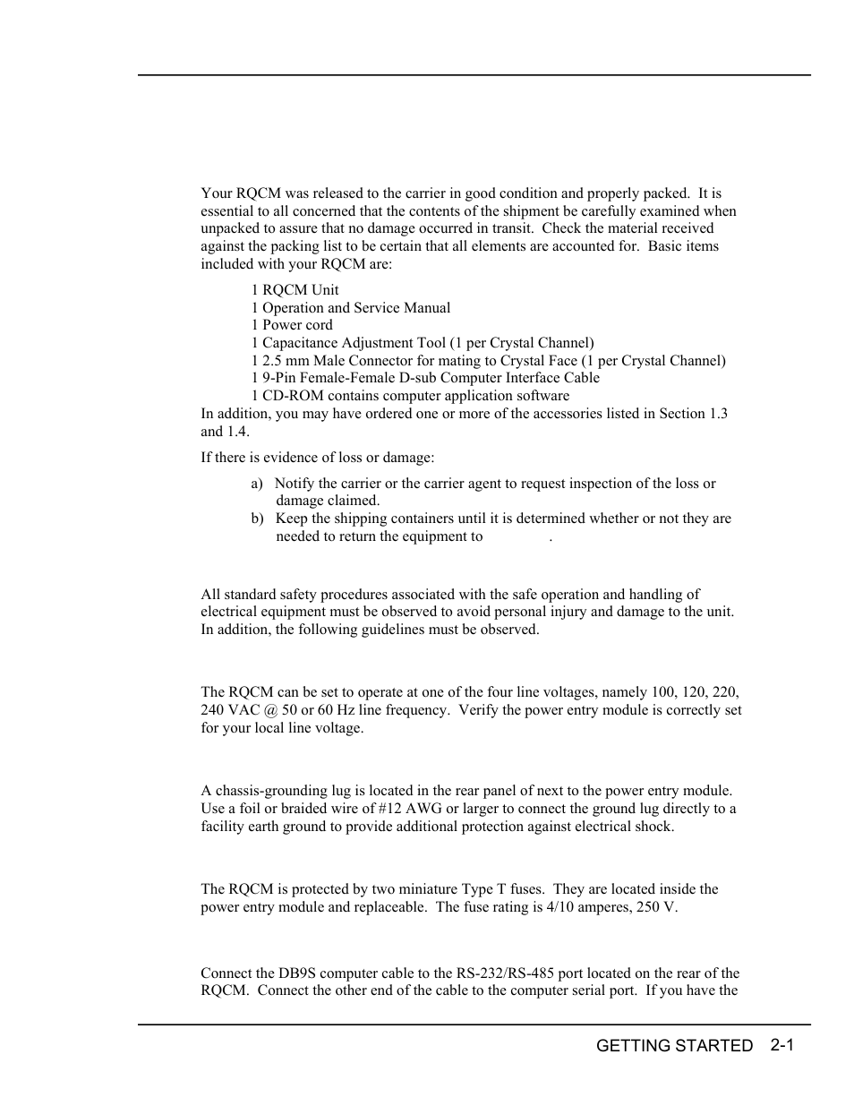 Getting started, Unpacking, Safety precaution | Line voltage, Grounding, Line fuses, System checkout, Getting started -1, Unpacking -1, Safety | INFICON RQCM - Quartz Crystal Microbalance Research System User Manual | Page 21 / 102