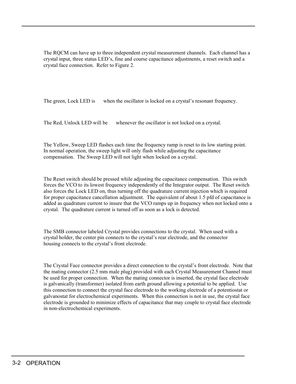 Front panel description, Lock indicator, Unlock indicator | Sweep indicator, Reset switch, Crystal connector, Crystal face connector, Understanding, Setting, Crystal | INFICON RQCM - Quartz Crystal Microbalance Research System User Manual | Page 26 / 102