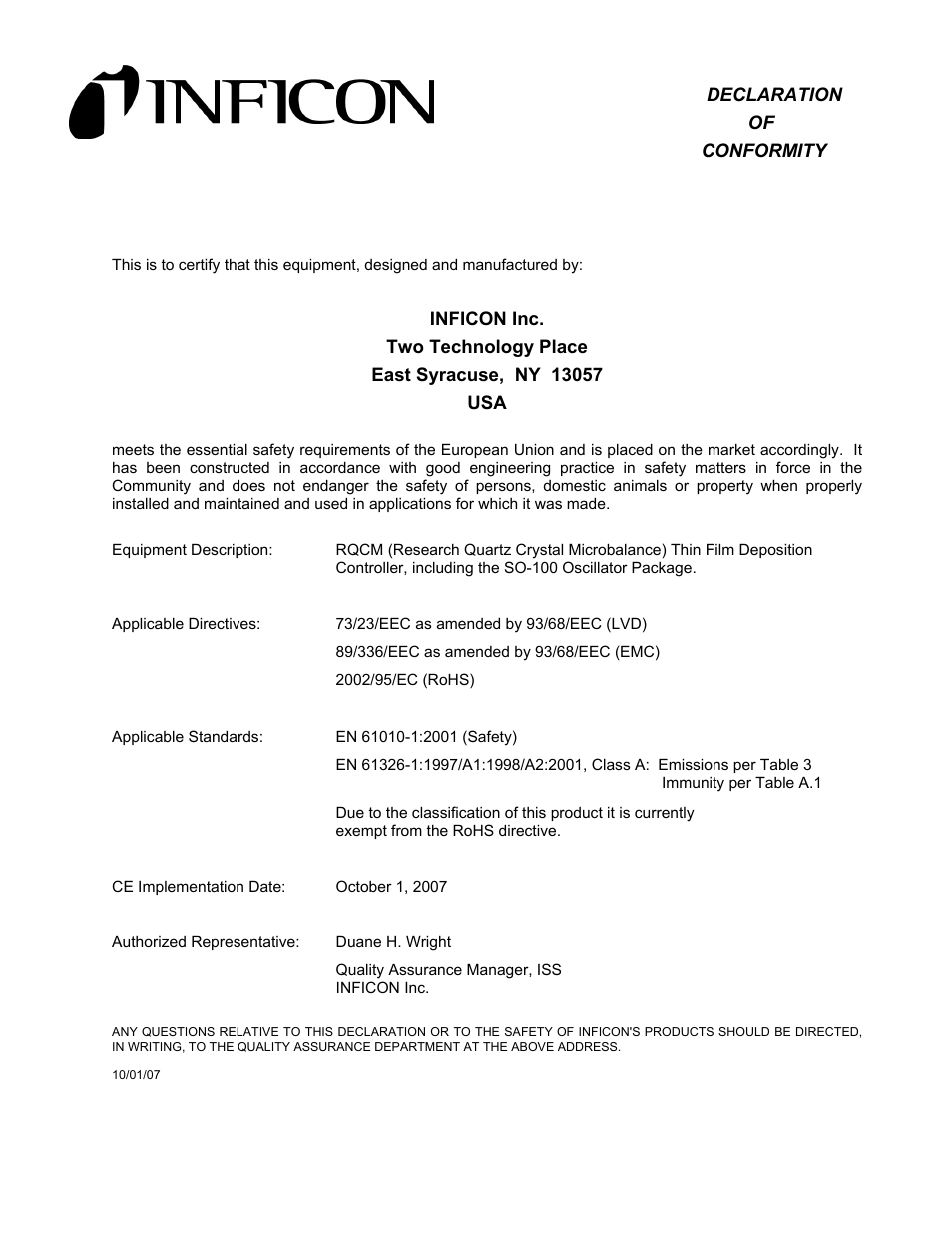 Declaration of conformity | INFICON RQCM - Quartz Crystal Microbalance Research System User Manual | Page 5 / 102