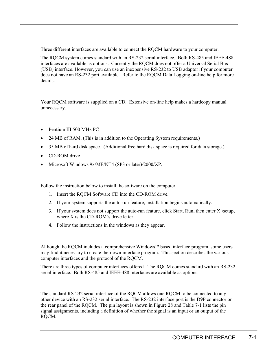 Computer interface, Computer interface software, Recommended minimum computer configuration | Software installation, Creating your own software, Rs-232 serial interface, Computer interface -1, Computer, Interface, Software -1 | INFICON RQCM - Quartz Crystal Microbalance Research System User Manual | Page 77 / 102