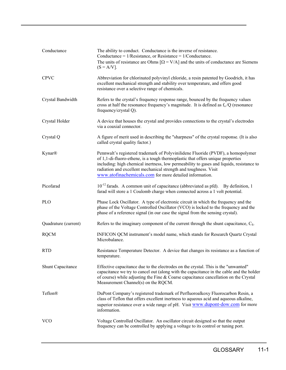 Glossary, Glossary -1, 11 glossary | INFICON RQCM - Quartz Crystal Microbalance Research System User Manual | Page 95 / 102