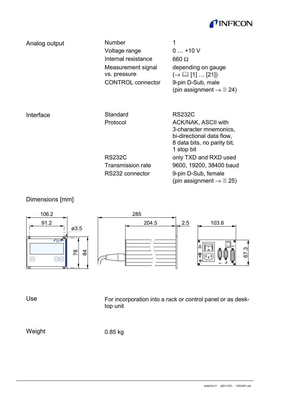 INFICON VGC401 Single-Channel Controller User Manual | Page 12 / 94