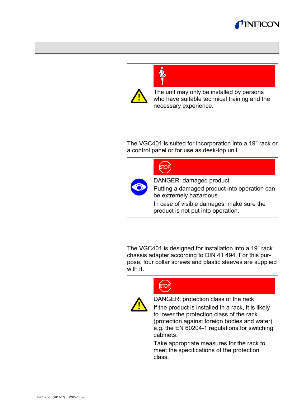 3 installation, 1 personnel 3.2 installation, setup, 1 rack installation | INFICON VGC401 Single-Channel Controller User Manual | Page 13 / 94