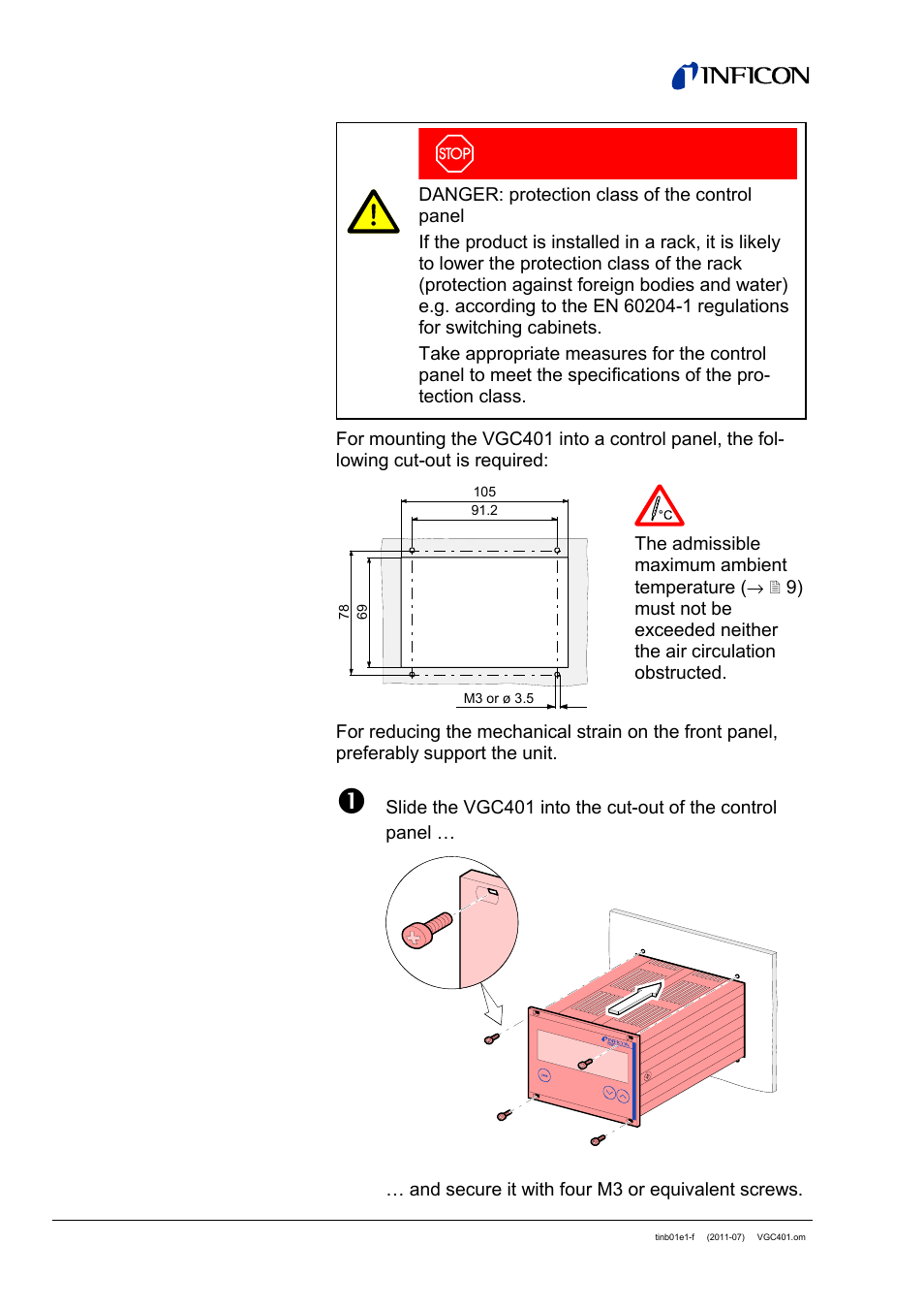 2 installation in a control panel | INFICON VGC401 Single-Channel Controller User Manual | Page 18 / 94