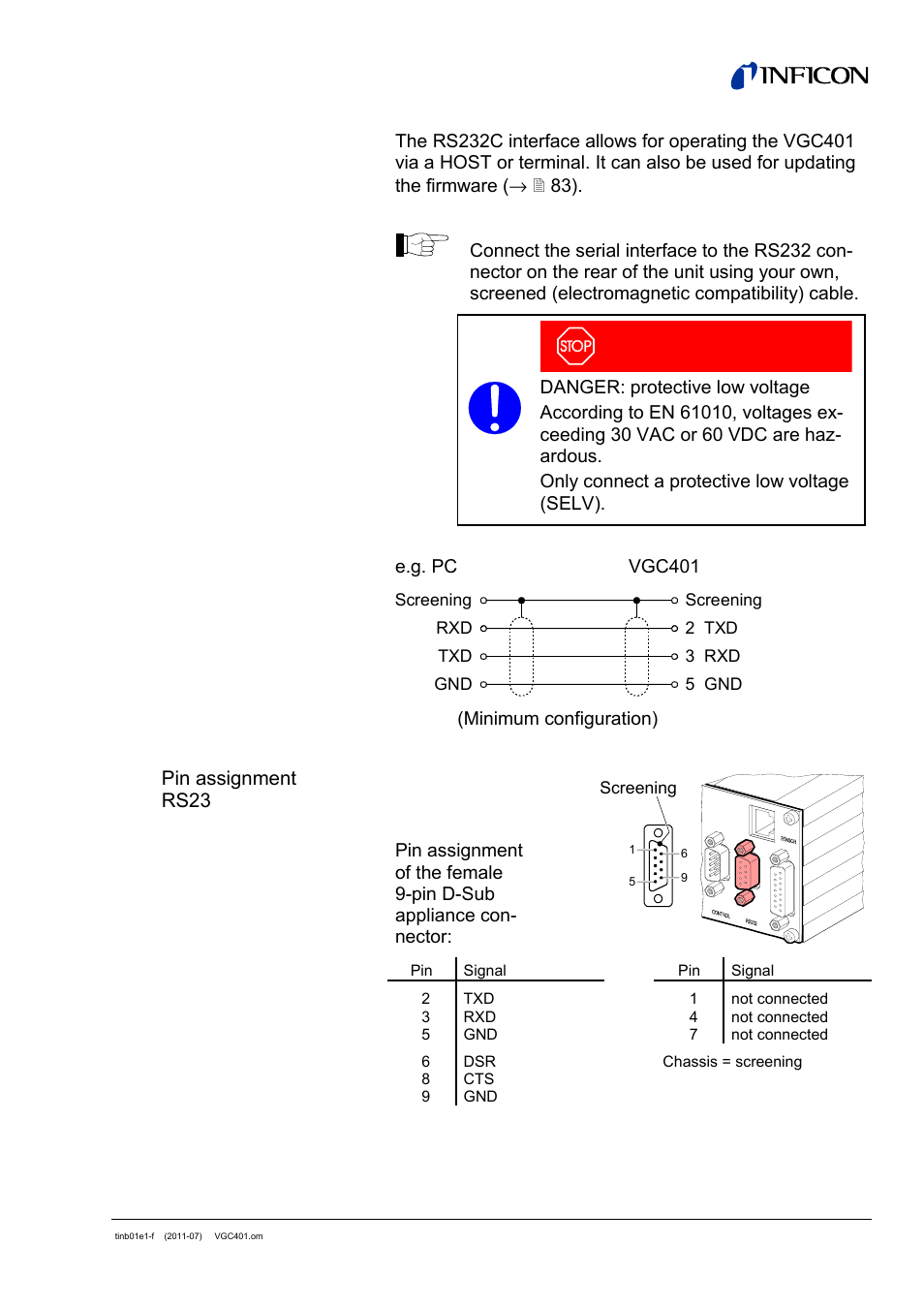 6 rs232 interface connector, Pin assignment rs23 2 | INFICON VGC401 Single-Channel Controller User Manual | Page 25 / 94