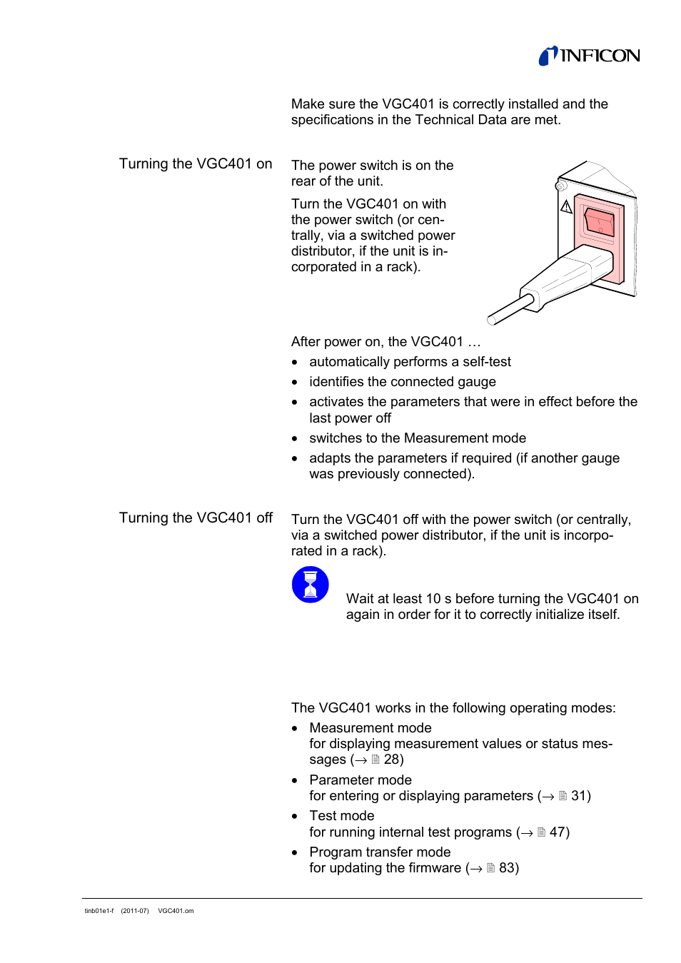 2 turning the vgc401 on and off, 3 operating modes | INFICON VGC401 Single-Channel Controller User Manual | Page 27 / 94