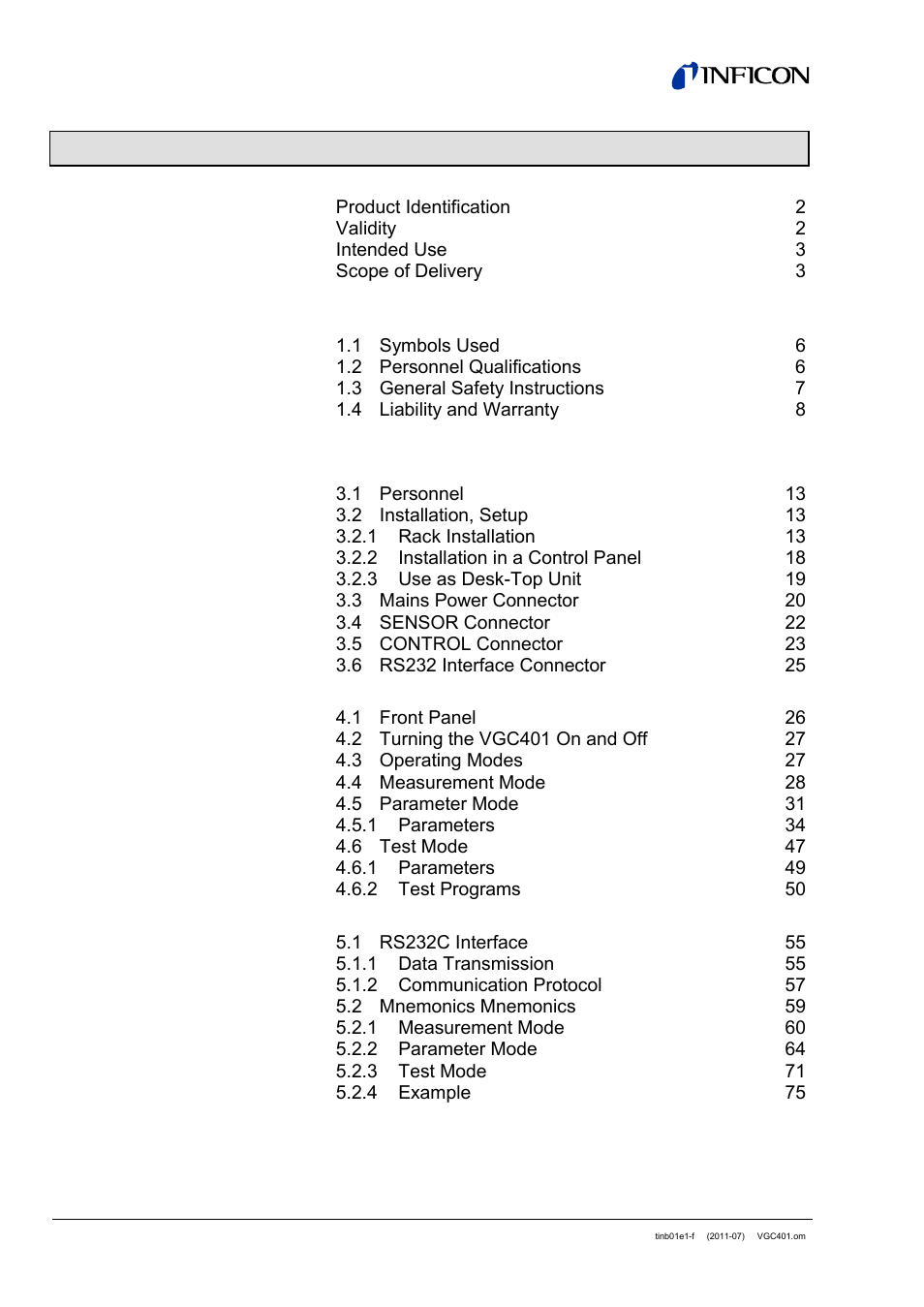 INFICON VGC401 Single-Channel Controller User Manual | Page 4 / 94