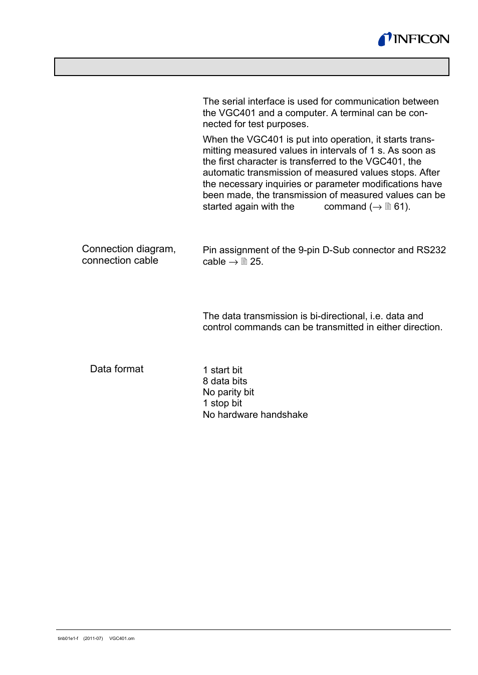 5 communication (serial interface), 1 rs232c interface | INFICON VGC401 Single-Channel Controller User Manual | Page 55 / 94