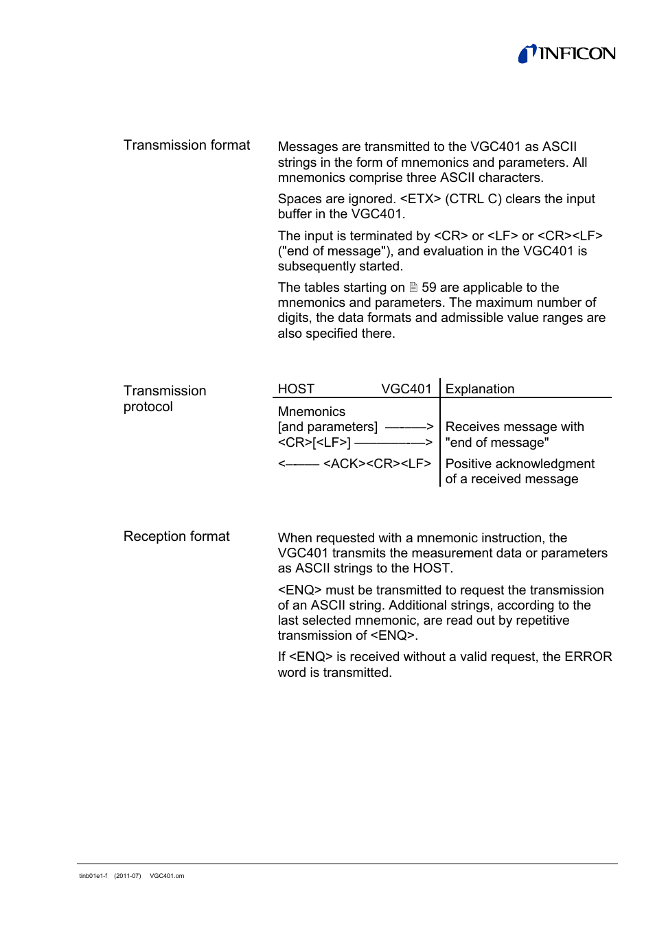 2 communication protocol | INFICON VGC401 Single-Channel Controller User Manual | Page 57 / 94