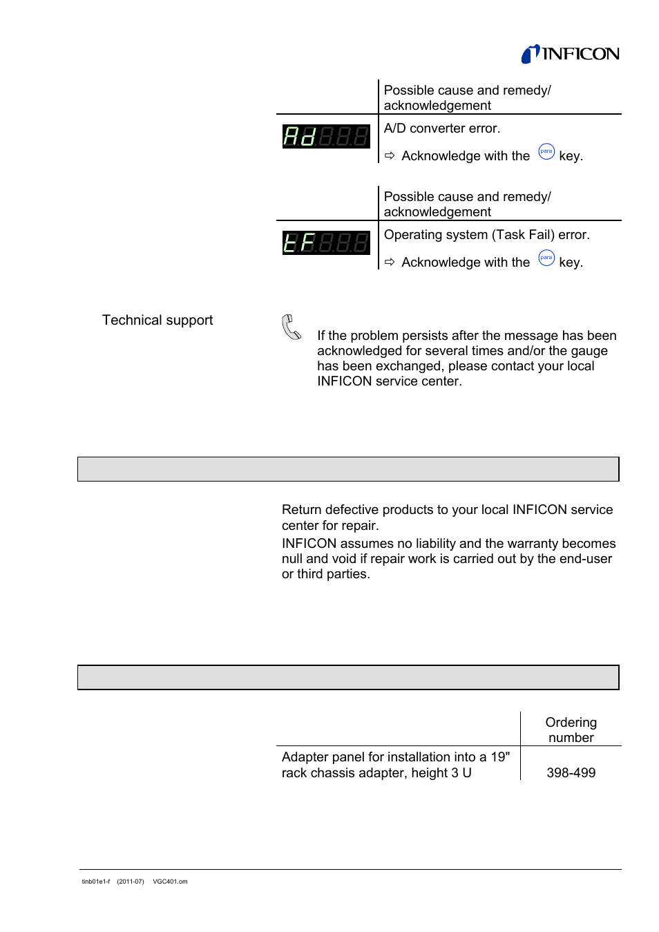 8 repair, 9 accessories | INFICON VGC401 Single-Channel Controller User Manual | Page 79 / 94