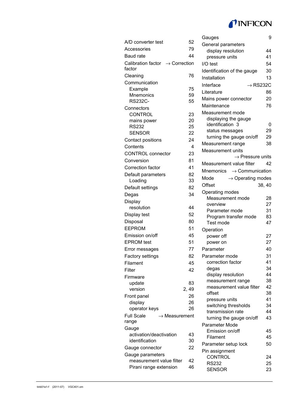 E: index | INFICON VGC401 Single-Channel Controller User Manual | Page 89 / 94