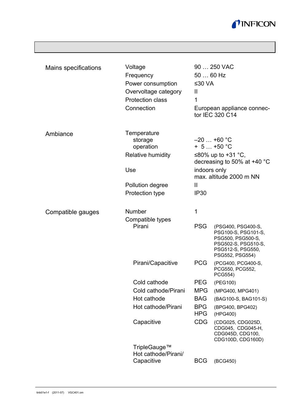 2 technical data | INFICON VGC401 Single-Channel Controller User Manual | Page 9 / 94