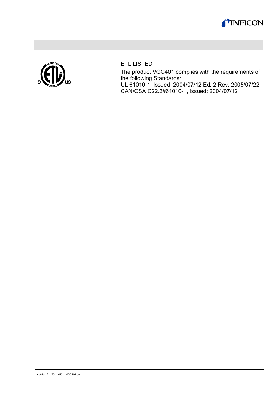 Etl certification | INFICON VGC401 Single-Channel Controller User Manual | Page 91 / 94