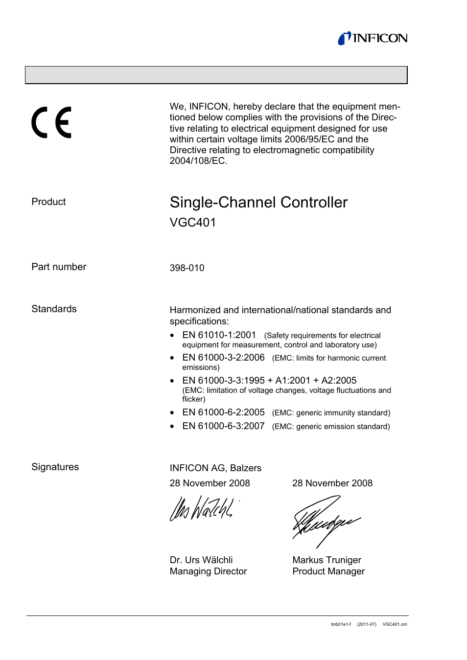 Single-channel controller, Ec declaration of conformity, Vgc401 | INFICON VGC401 Single-Channel Controller User Manual | Page 92 / 94