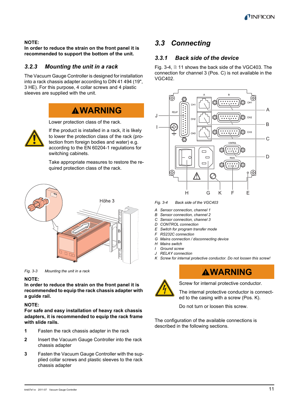 3 mounting the unit in a rack, 3 connecting, 1 back side of the device | Mounting the unit in a rack, Connecting, Back side of the device, Warning | INFICON VGC403 Three-Channel Measurement and Control Unit User Manual | Page 11 / 56