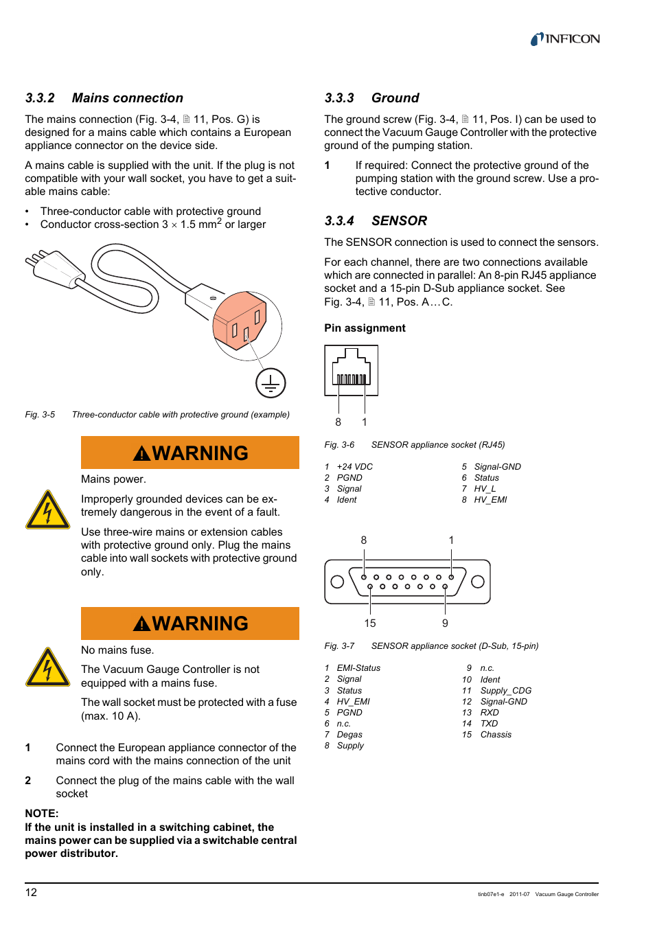 2 mains connection, 3 ground, 4 sensor | Mains connection, Ground, Sensor, Warning | INFICON VGC403 Three-Channel Measurement and Control Unit User Manual | Page 12 / 56