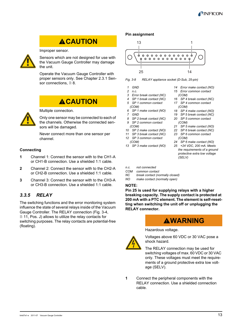 5 relay, Relay, Caution | Warning | INFICON VGC403 Three-Channel Measurement and Control Unit User Manual | Page 13 / 56