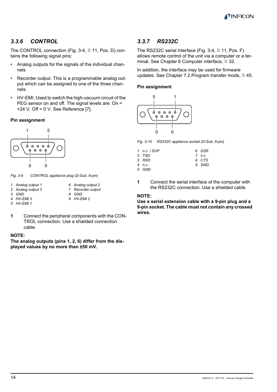6 control, 7 rs232c, Control | Rs232c | INFICON VGC403 Three-Channel Measurement and Control Unit User Manual | Page 14 / 56