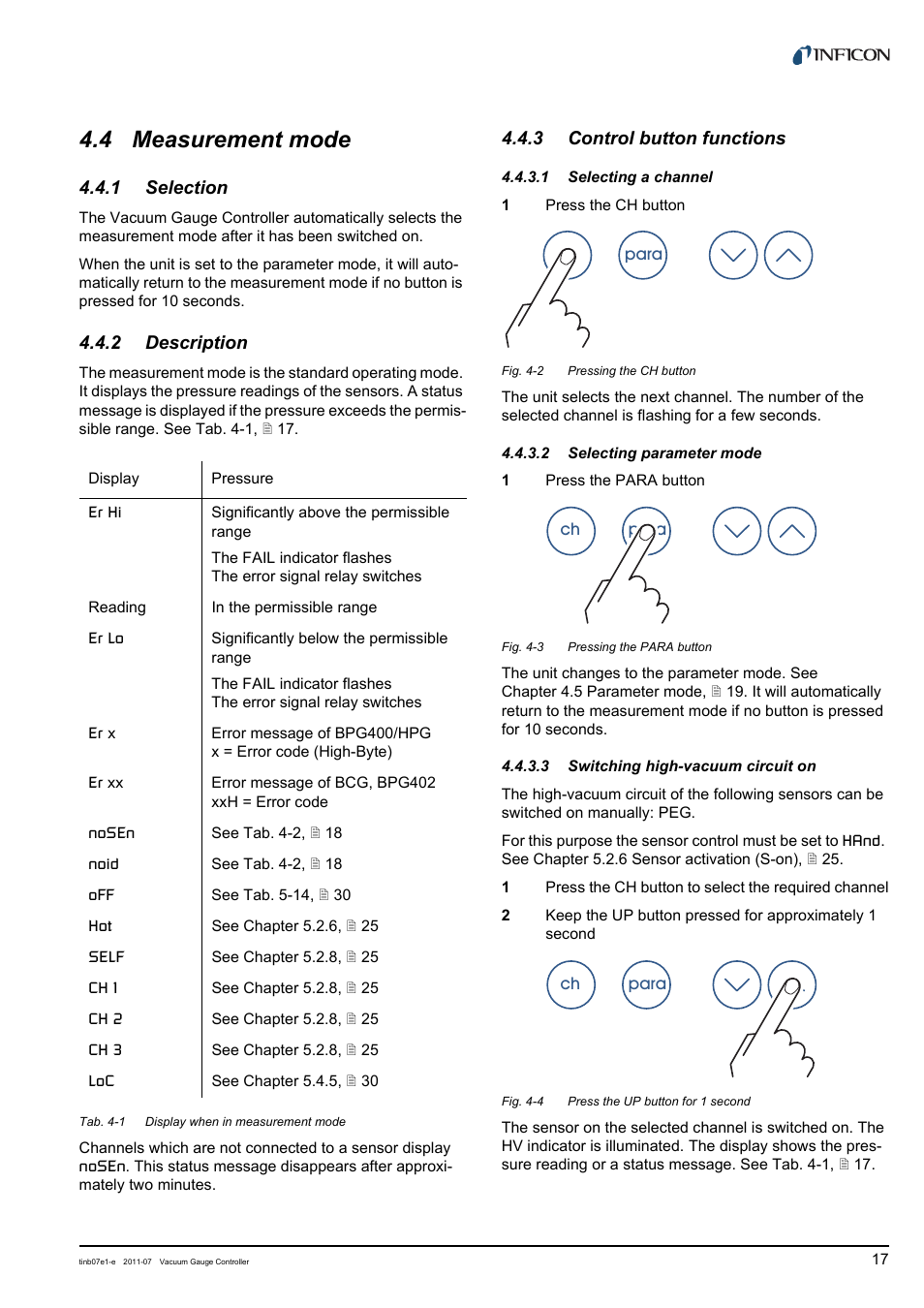 4 measurement mode, 1 selection, 2 description | 3 control button functions, Measurement mode, Selection, Description, Control button functions | INFICON VGC403 Three-Channel Measurement and Control Unit User Manual | Page 17 / 56