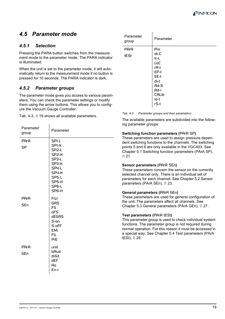 5 parameter mode, 1 selection, 2 parameter groups | Parameter mode, Selection, Parameter groups, Chapter 4.5 parameter mode,  19. it will | INFICON VGC403 Three-Channel Measurement and Control Unit User Manual | Page 19 / 56