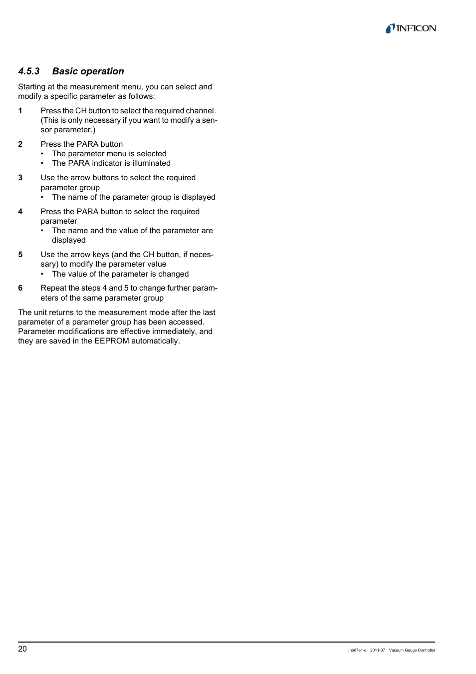3 basic operation, Basic operation | INFICON VGC403 Three-Channel Measurement and Control Unit User Manual | Page 20 / 56
