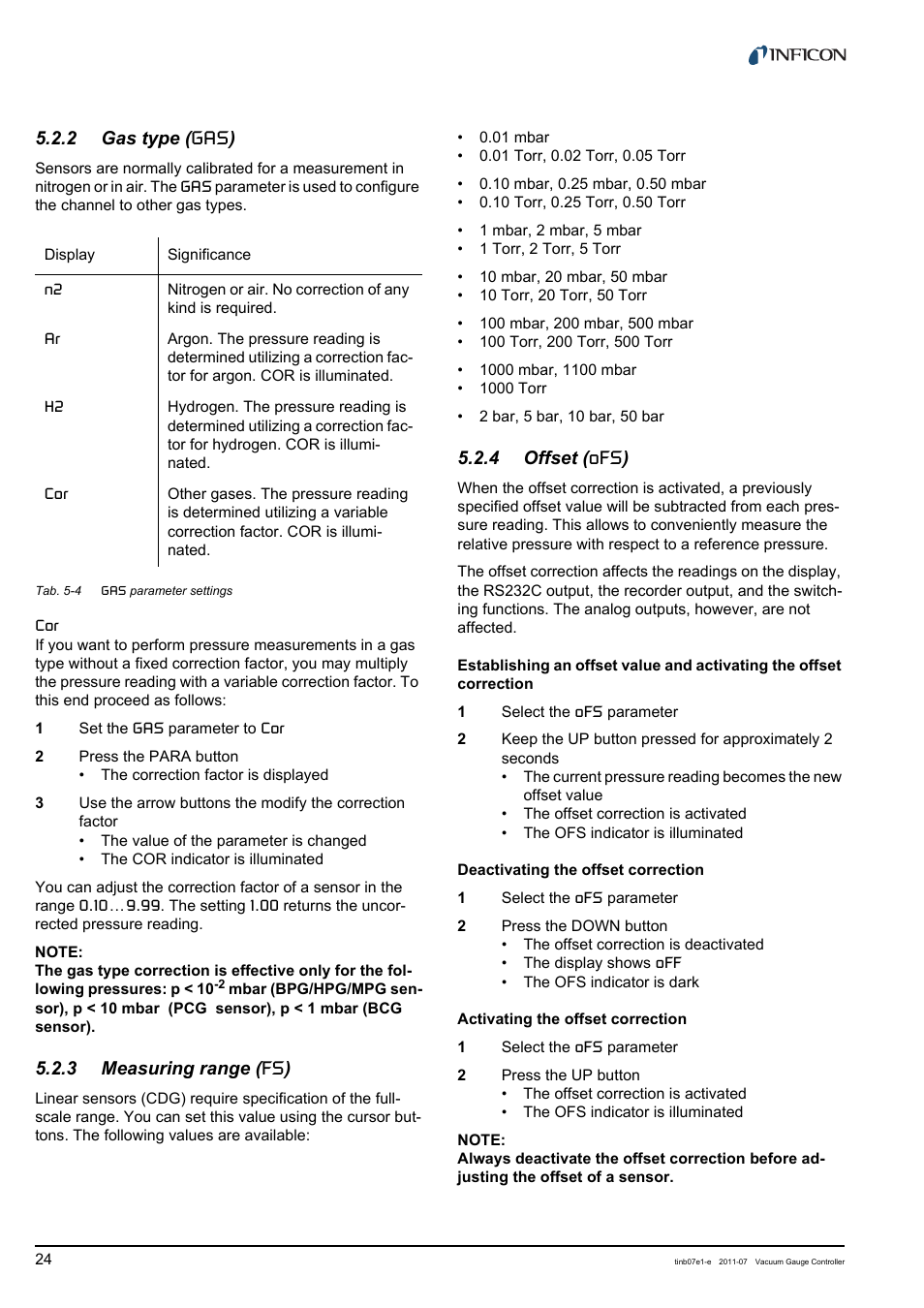 2 gas type (gas), 3 measuring range (fs), 4 offset (ofs) | Gas type (ga, Measuring range (fs, Offset, 2 gas type ( gas ), 3 measuring range ( fs ), 4 offset ( ofs ) | INFICON VGC403 Three-Channel Measurement and Control Unit User Manual | Page 24 / 56