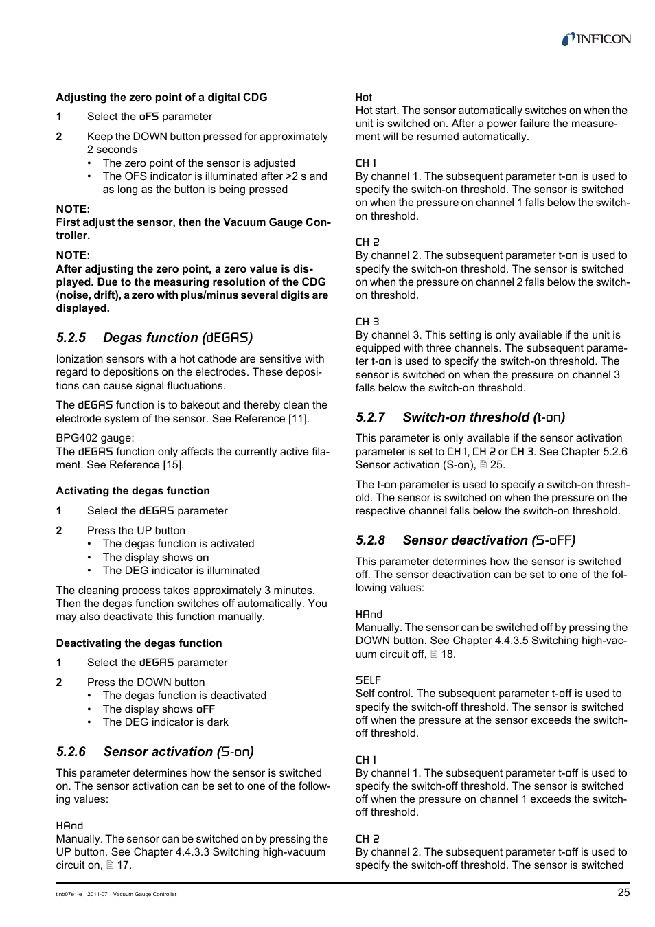 5 degas function (degas), 6 sensor activation (s-on), 7 switch-on threshold (t-on) | 8 sensor deactivation (s-off), Degas function, Sensor activation (s, Switch-on threshold, Sensor deactivation, Chapter 5.2.6 sensor activation (s-on), 25, E chapter 5.2.6, 25 | INFICON VGC403 Three-Channel Measurement and Control Unit User Manual | Page 25 / 56