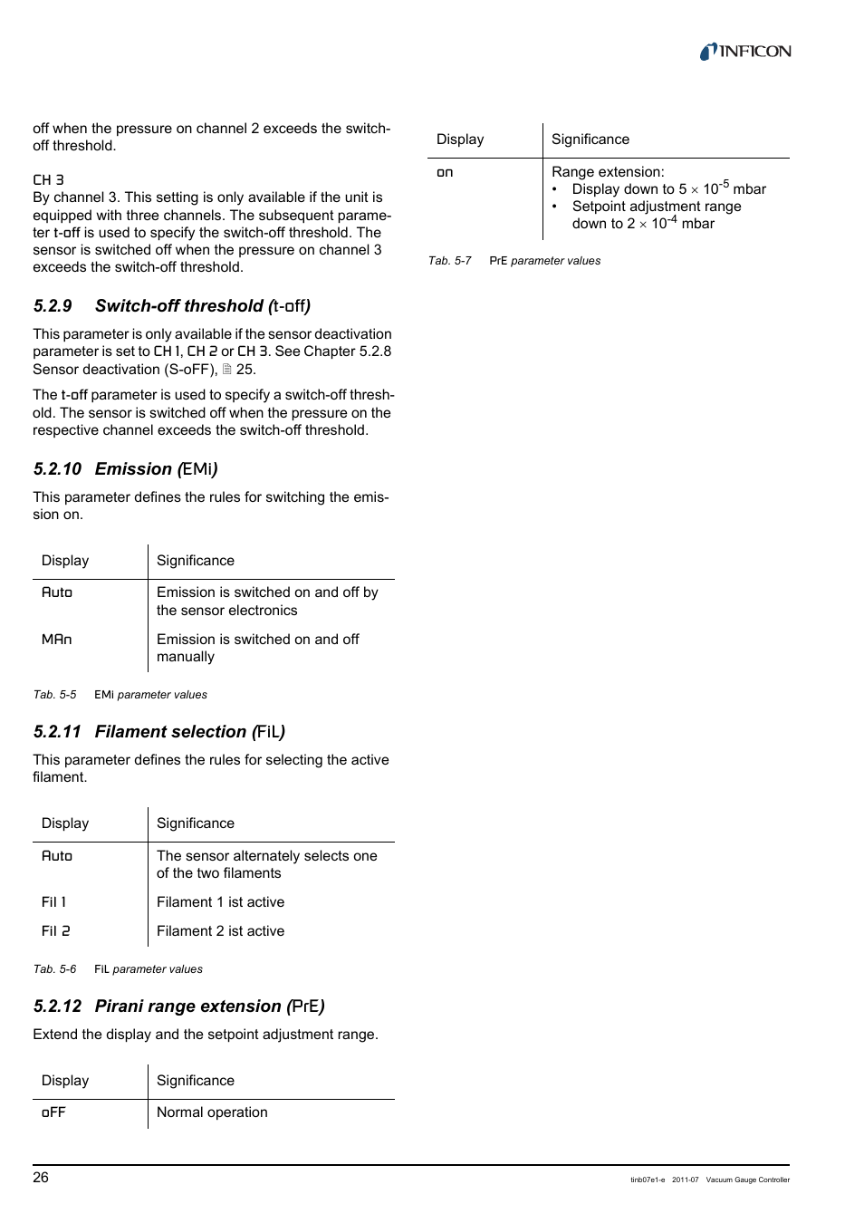 9 switch-off threshold (t-off), 10 emission (emi), 11 filament selection (fil) | 12 pirani range extension (pre), Switch-off threshold, Emission (emi, Filament selection (fil, Pirani range extension, 9 switch-off threshold ( t-off ), 10 emission ( emi ) | INFICON VGC403 Three-Channel Measurement and Control Unit User Manual | Page 26 / 56