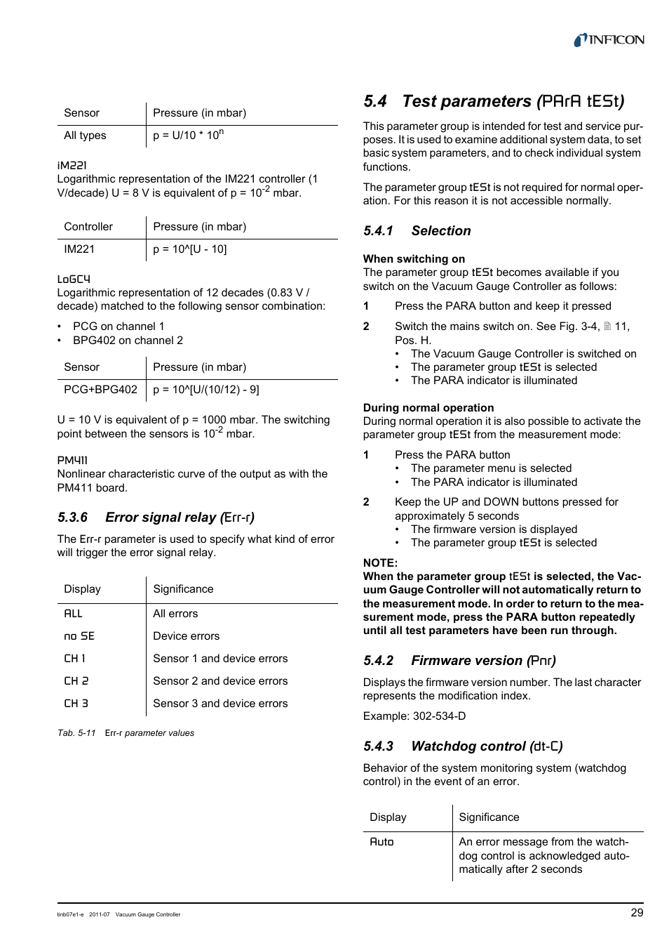 6 error signal relay (err-r), 4 test parameters (para test), 1 selection | 2 firmware version (pnr), 3 watchdog control (dt-c), Error signal relay (er, Test parameters, Selection, Firmware version (pnr, Watchdog control | INFICON VGC403 Three-Channel Measurement and Control Unit User Manual | Page 29 / 56