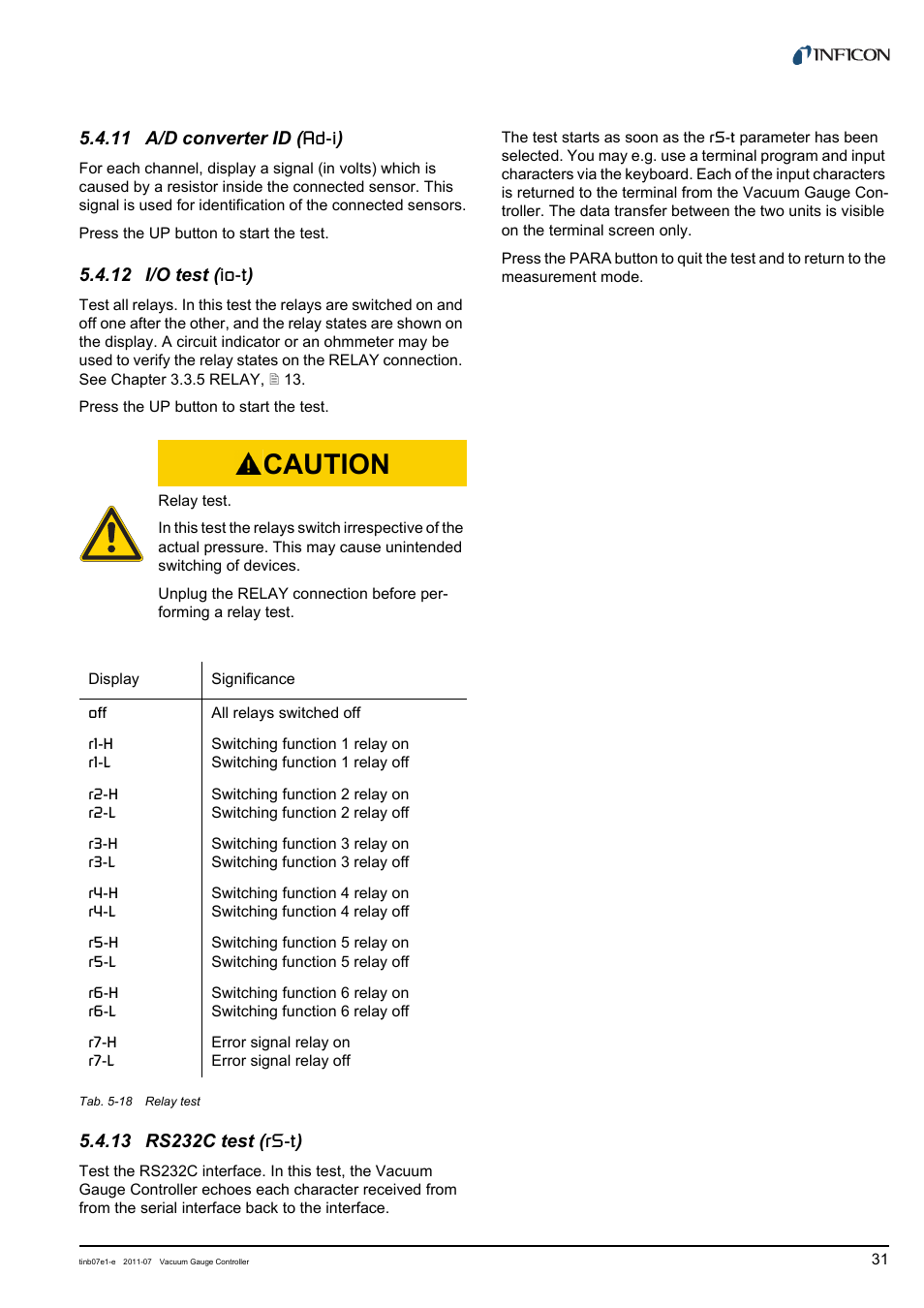 11 a/d converter id (ad-i), 12 i/o test (io-t), 13 rs232c test (rs-t) | A/d converter id, I/o test, Rs232c test (rs, Caution, 11 a/d converter id ( ad-i ), 12 i/o test ( io-t ) | INFICON VGC403 Three-Channel Measurement and Control Unit User Manual | Page 31 / 56
