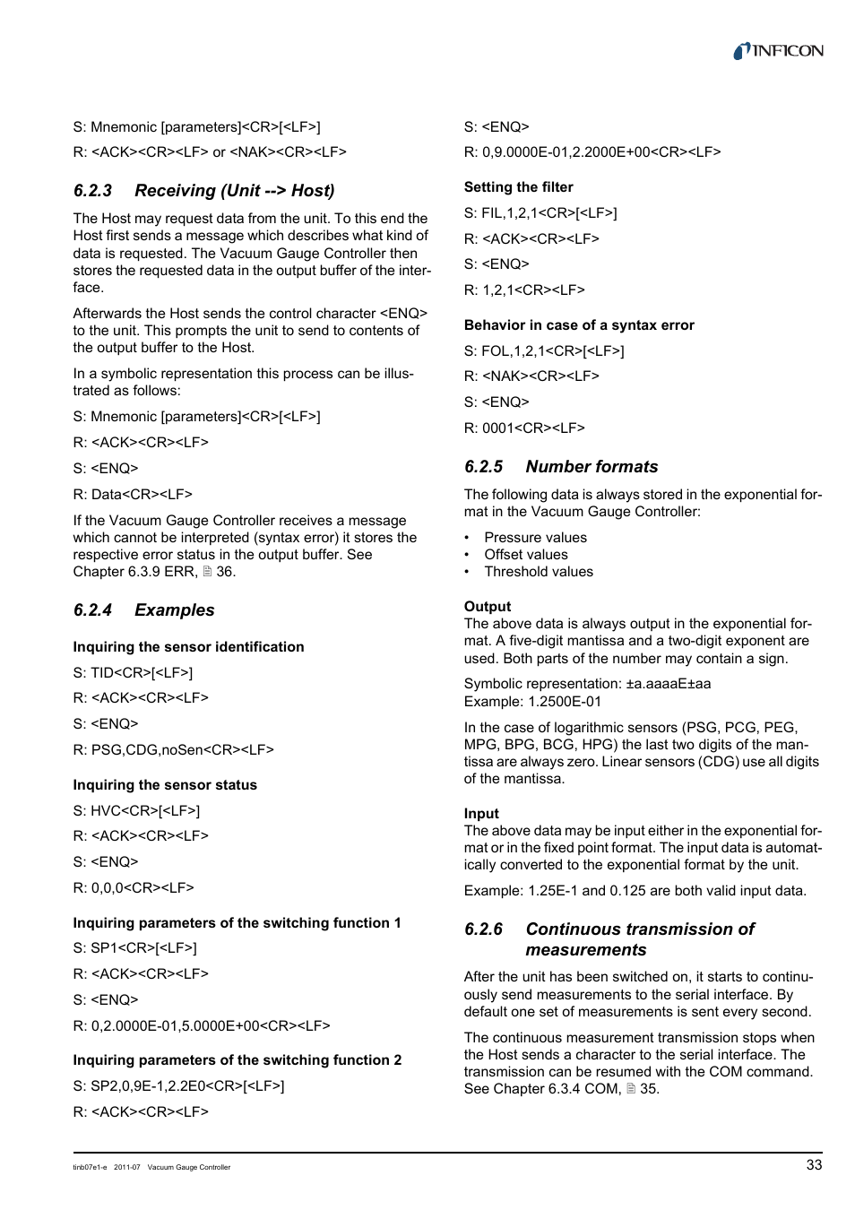 3 receiving (unit --> host), 4 examples, 5 number formats | 6 continuous transmission of measurements, Receiving (unit --> host), Examples, Number formats, Continuous transmission of measurements. 33 | INFICON VGC403 Three-Channel Measurement and Control Unit User Manual | Page 33 / 56