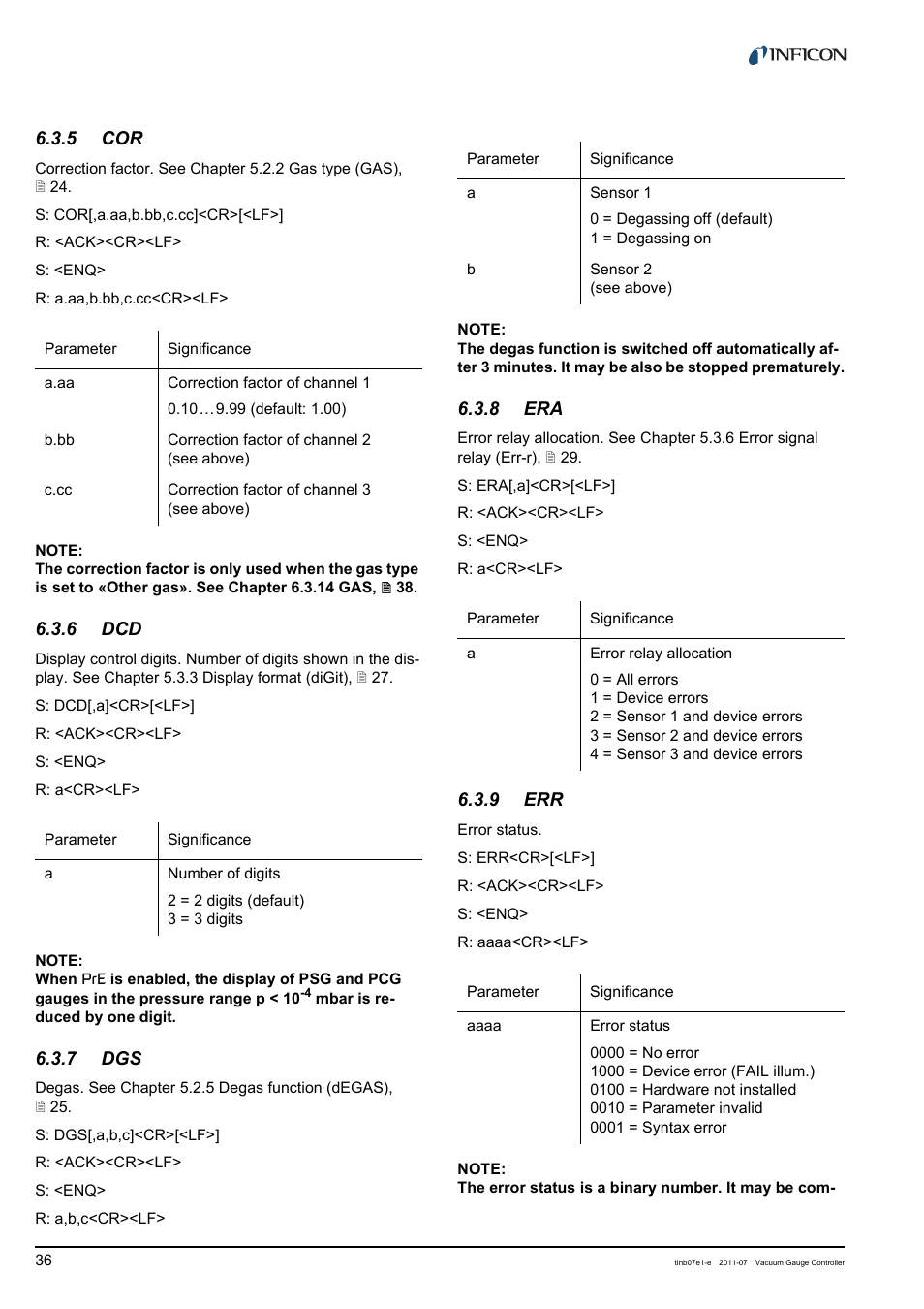 5 cor, 6 dcd, 7 dgs | 8 era, 9 err | INFICON VGC403 Three-Channel Measurement and Control Unit User Manual | Page 36 / 56