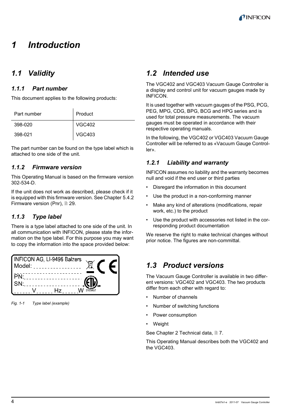 1 introduction, 1 validity, 1 part number | 2 firmware version, 3 type label, 2 intended use, 1 liability and warranty, 3 product versions, Introduction, Validity | INFICON VGC403 Three-Channel Measurement and Control Unit User Manual | Page 4 / 56