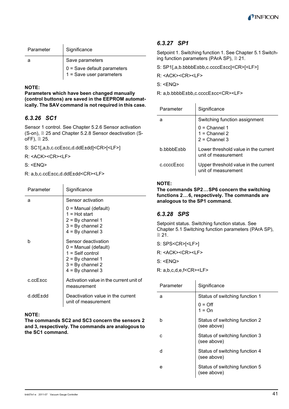 26 sc1, 27 sp1, 28 sps | See chapter 6.3.26 sc1,  41 | INFICON VGC403 Three-Channel Measurement and Control Unit User Manual | Page 41 / 56