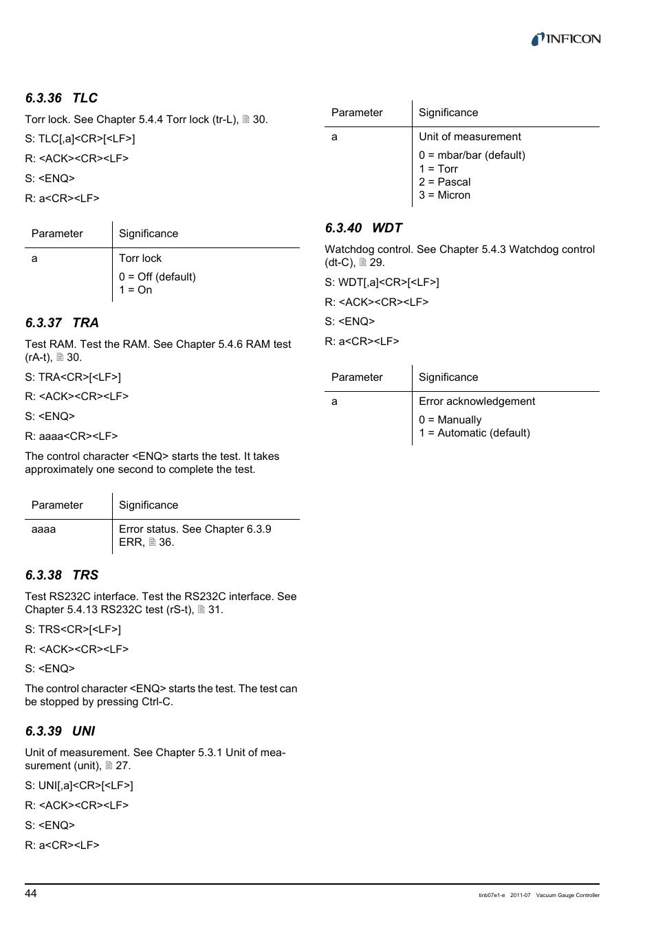 36 tlc, 37 tra, 38 trs | 39 uni, 40 wdt | INFICON VGC403 Three-Channel Measurement and Control Unit User Manual | Page 44 / 56