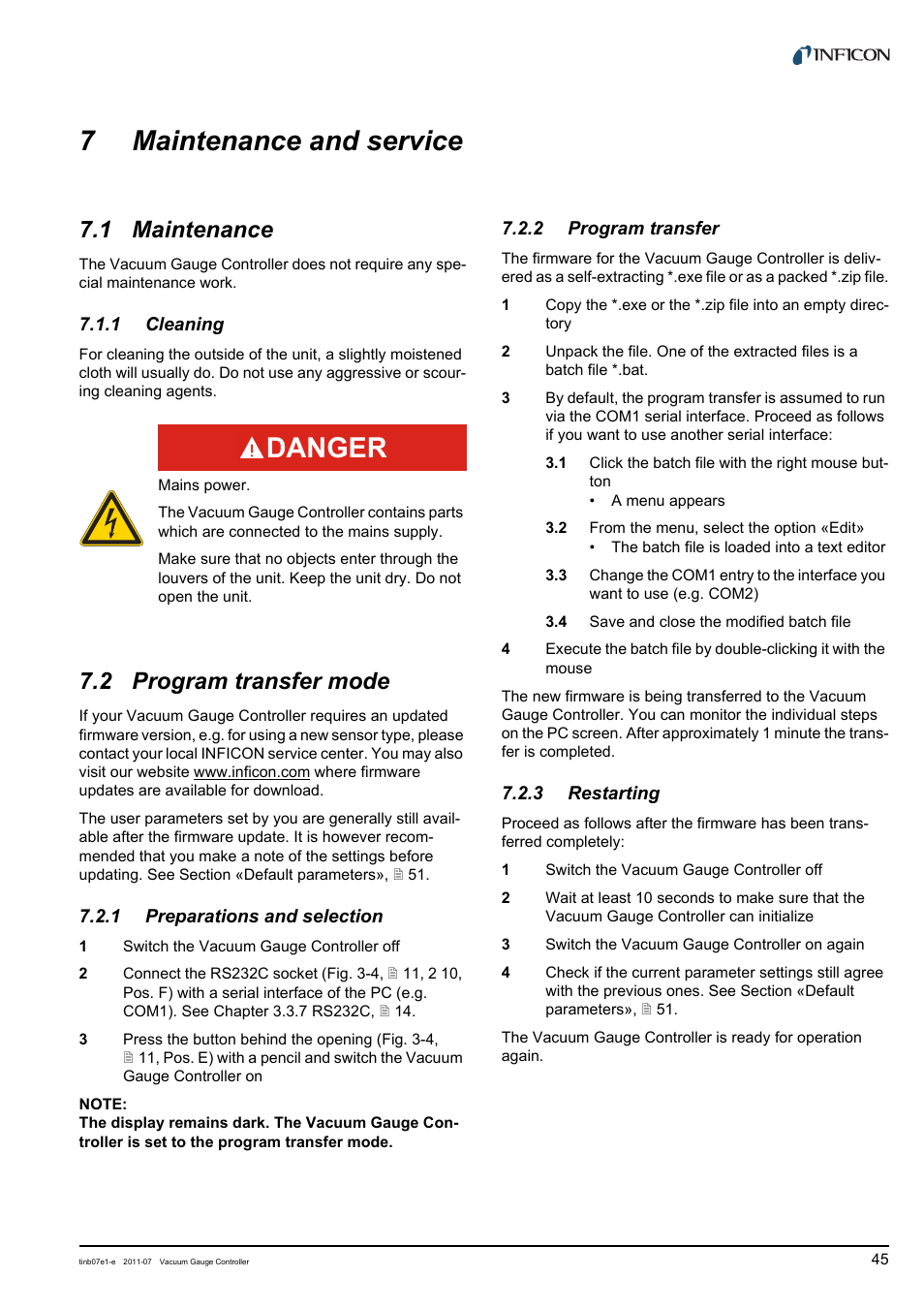 7 maintenance and service, 1 maintenance, 1 cleaning | 2 program transfer mode, 1 preparations and selection, 2 program transfer, 3 restarting, Maintenance and service, Maintenance, Cleaning | INFICON VGC403 Three-Channel Measurement and Control Unit User Manual | Page 45 / 56