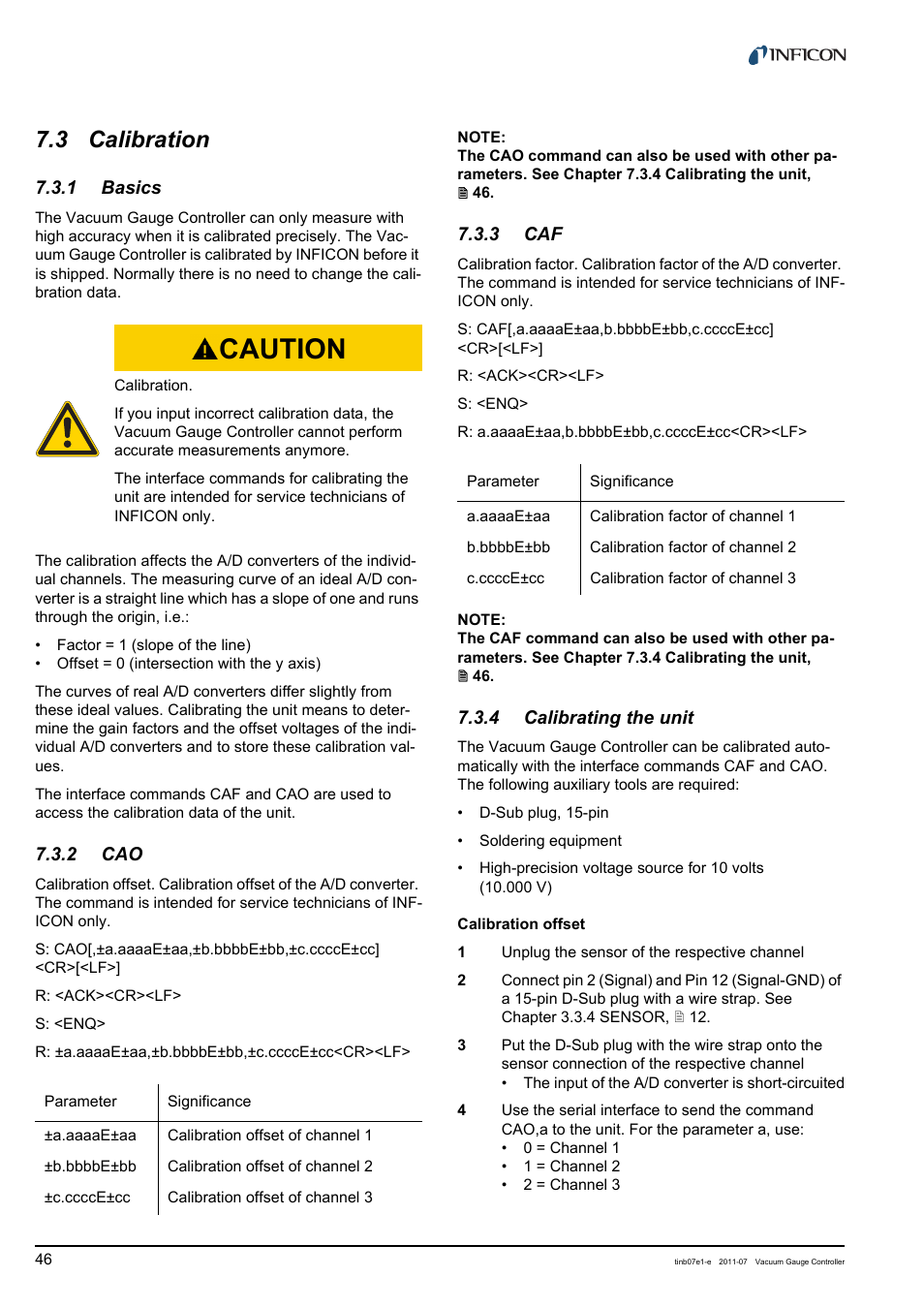 3 calibration, 1 basics, 2 cao | 3 caf, 4 calibrating the unit, Calibration, Basics, Calibrating the unit, Caution | INFICON VGC403 Three-Channel Measurement and Control Unit User Manual | Page 46 / 56