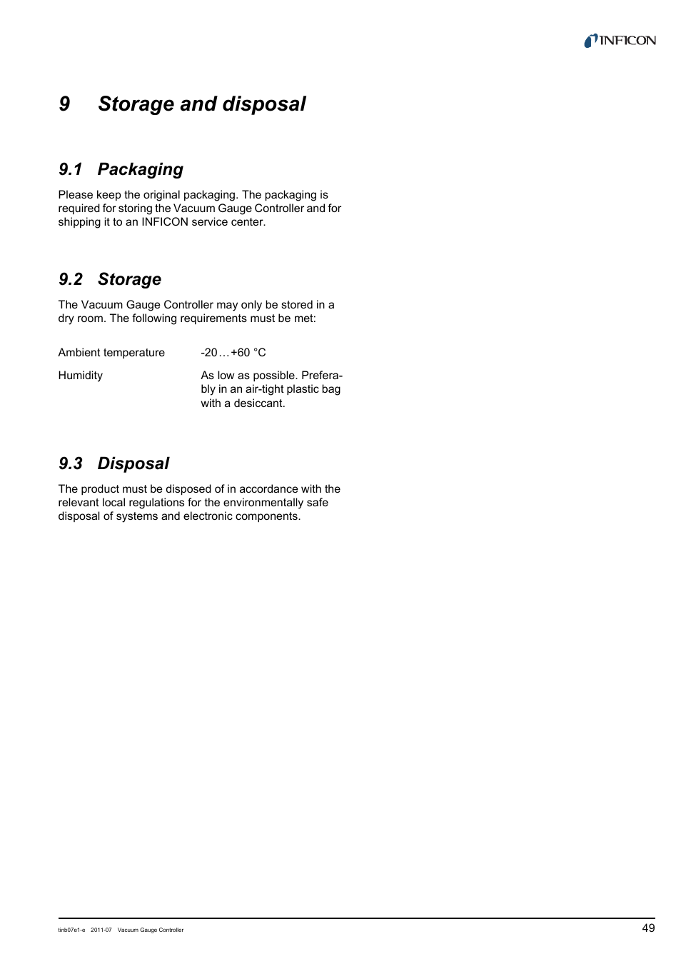 9 storage and disposal, 1 packaging, 2 storage | 3 disposal, Storage and disposal, Packaging, Storage, Disposal, 9storage and disposal | INFICON VGC403 Three-Channel Measurement and Control Unit User Manual | Page 49 / 56